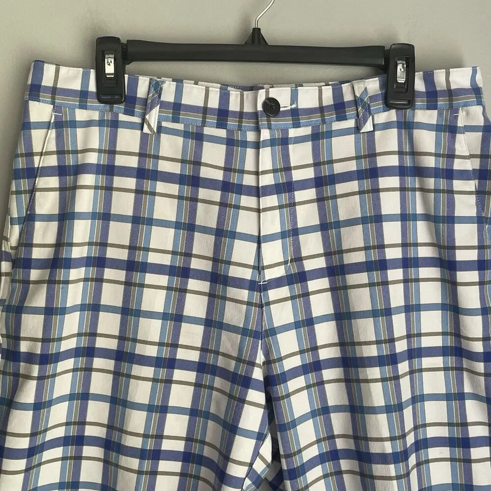 Adidas Shorts Men's Size 33 Blue Tan Plaid Golf Chino Polyester 10.5